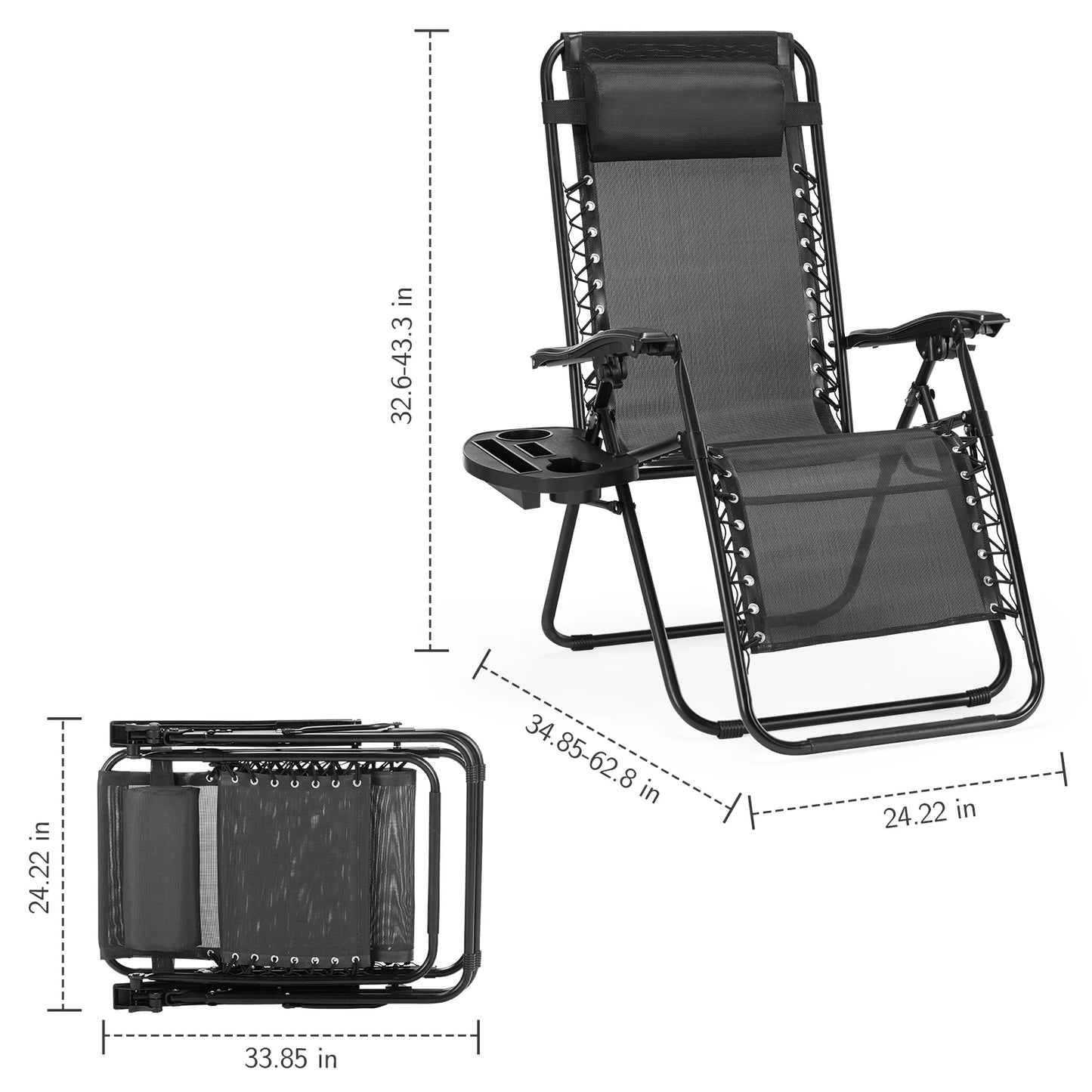 Set of 2 Portable Recliner Camping Chair
Patio Outdoor Garden Lounge Chair with Cup Holder Trays Adjustable Pillow