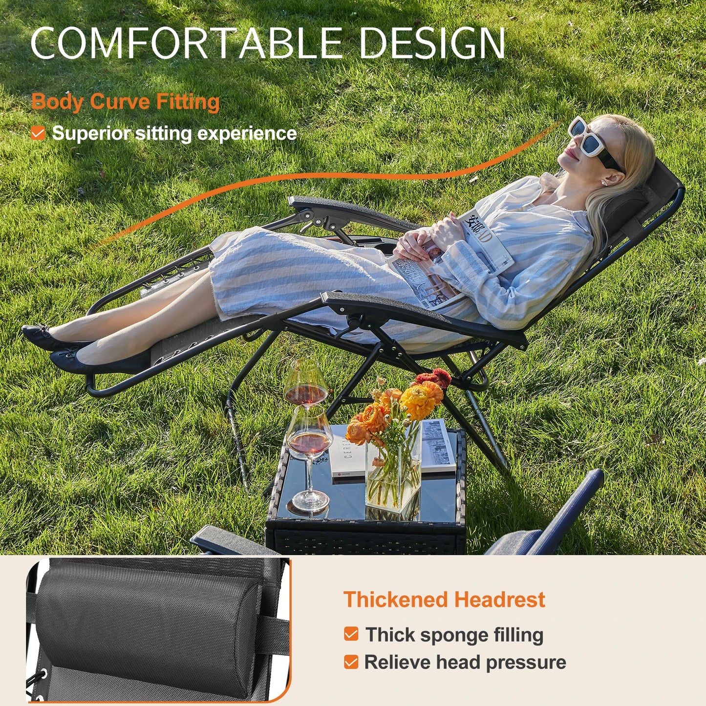 Set of 2 Portable Recliner Camping Chair
Patio Outdoor Garden Lounge Chair with Cup Holder Trays Adjustable Pillow