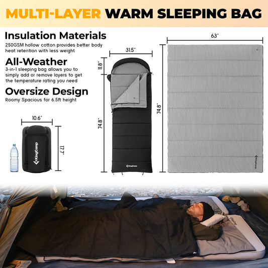 3-in-1 Envelope Hooded Sleeping Bag