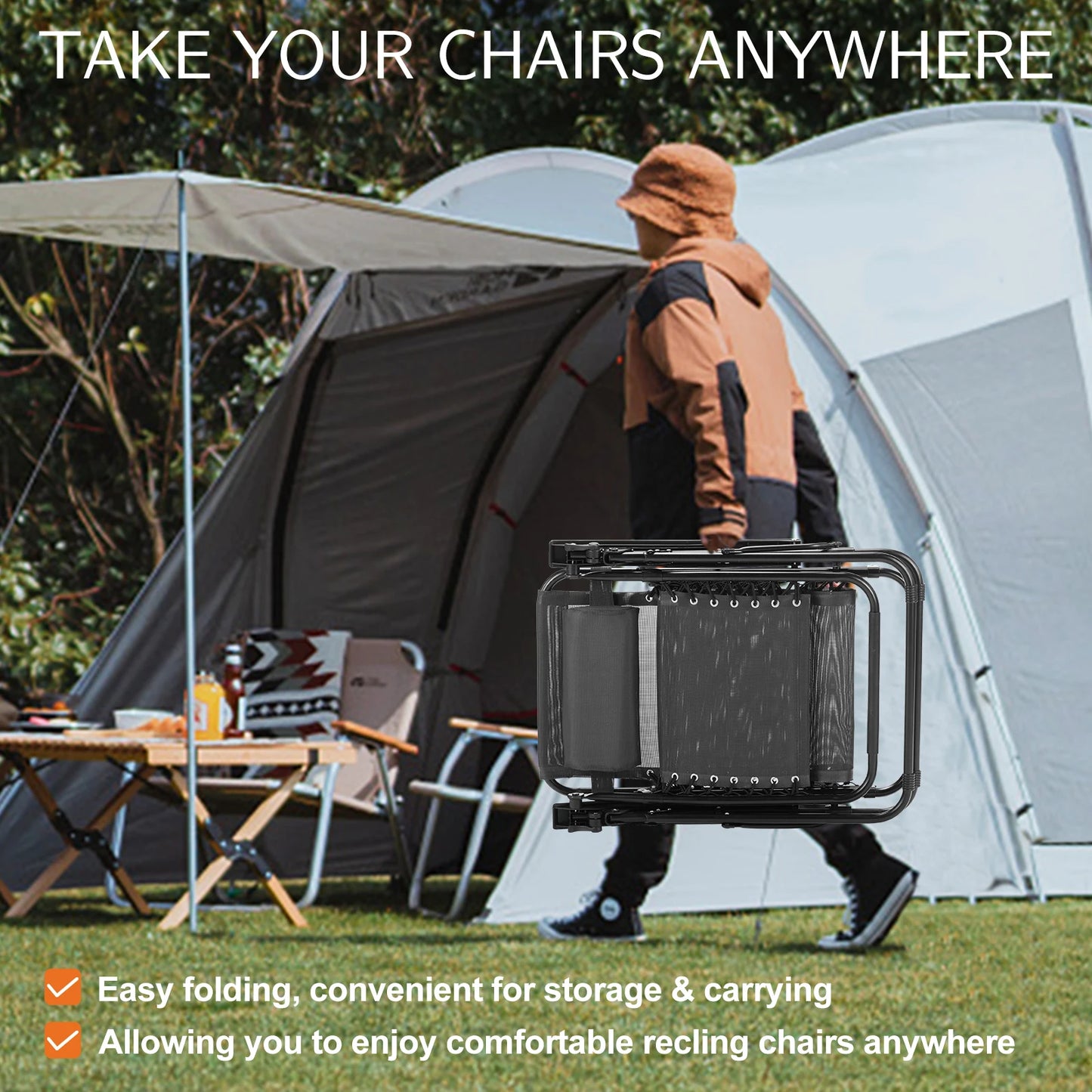 Set of 2 Portable Recliner Camping Chair
Patio Outdoor Garden Lounge Chair with Cup Holder Trays Adjustable Pillow