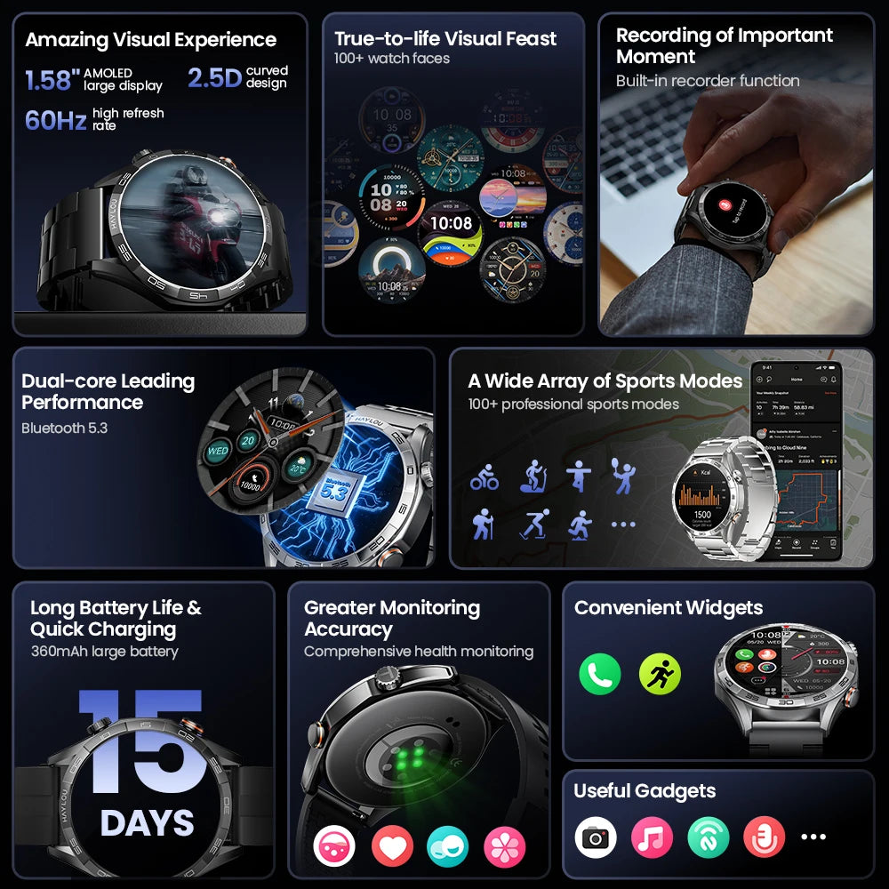 Solar Sports Smartwatch
1.58'' AMOLED Display 60Hz Smart Watch 24H Health Monitoring Smartwatch for Men