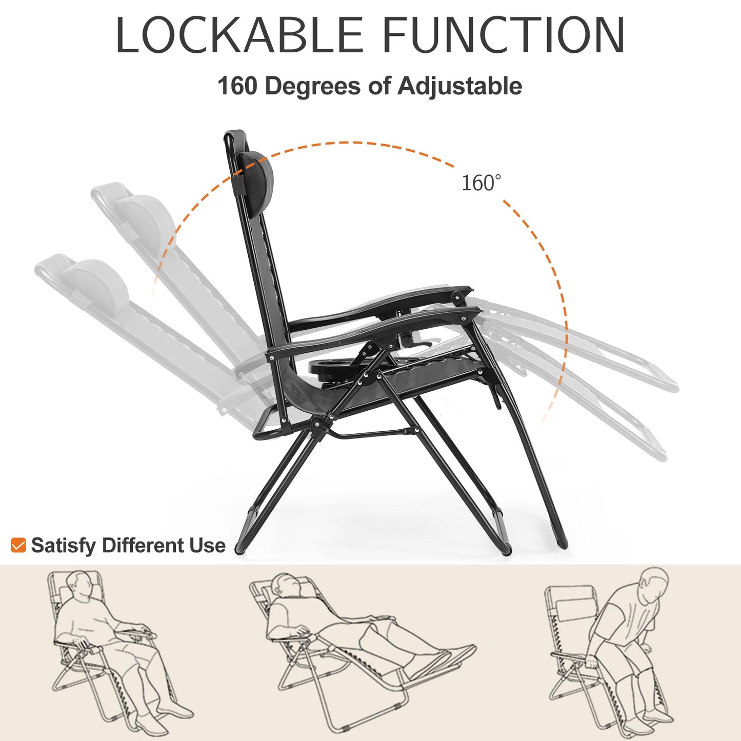 Set of 2 Portable Recliner Camping Chair

Patio Outdoor Garden Lounge Chair with Cup Holder Trays Adjustable Pillow