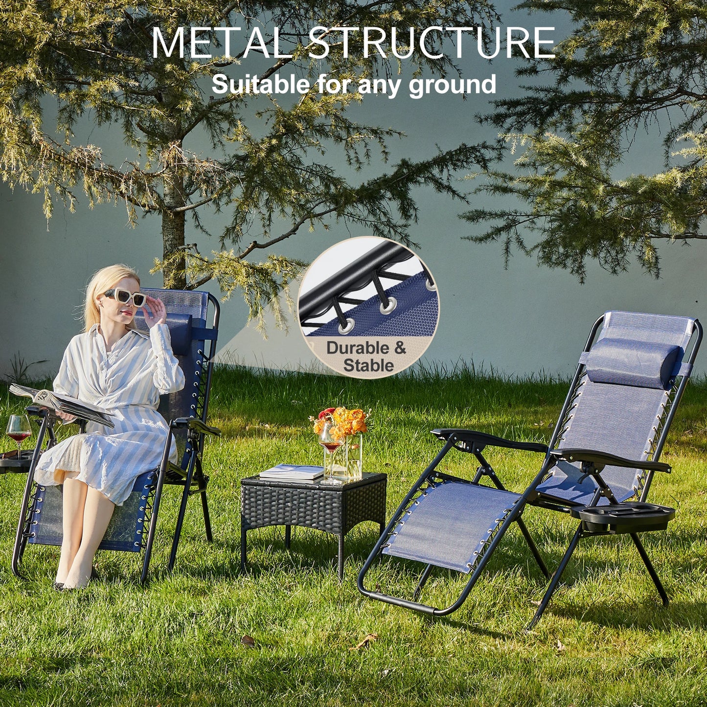 Set of 2 Portable Recliner Camping Chair

Patio Outdoor Garden Lounge Chair with Cup Holder Trays Adjustable Pillow