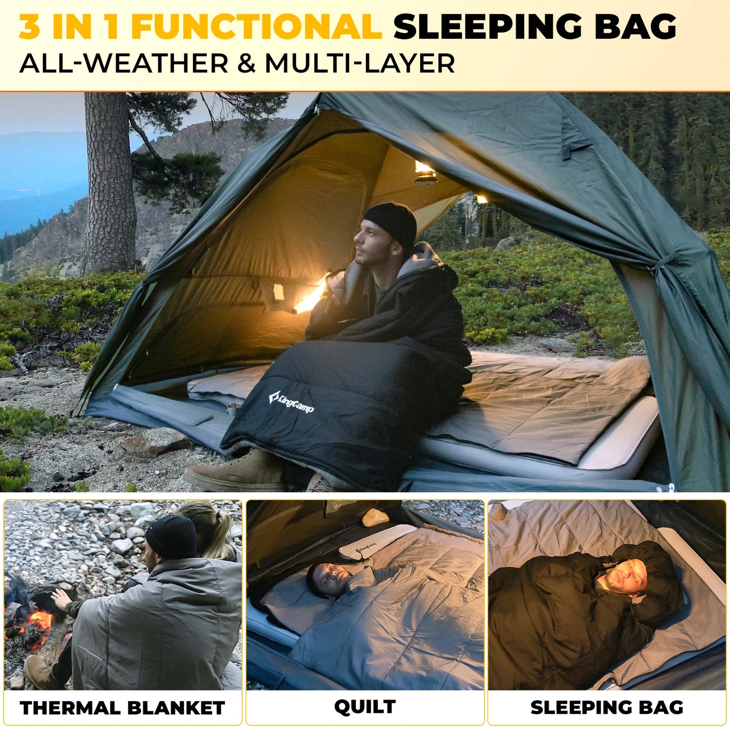 3-in-1 Envelope Hooded Sleeping Bag